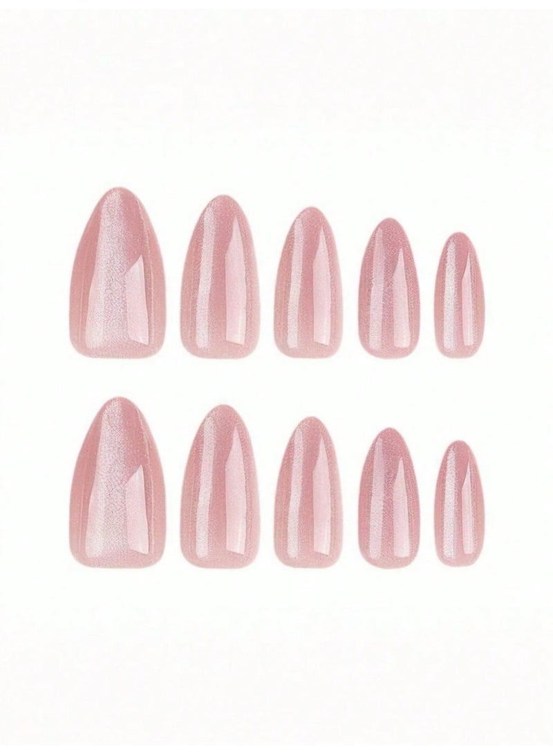 MSQ Pink Gradient Cat Eye Press On Nails, 24 Pcs Almond False Nails, Glossy Stick On Nails and Fake Nails for Women with Jelly Adhesive and Nail File - Image 3