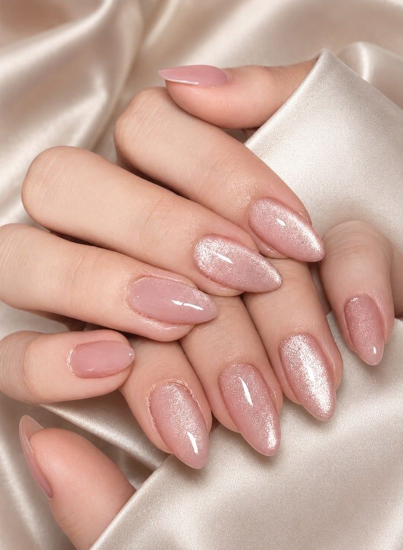 MSQ Pink Gradient Cat Eye Press On Nails, 24 Pcs Almond False Nails, Glossy Stick On Nails and Fake Nails for Women with Jelly Adhesive and Nail File - Image 1