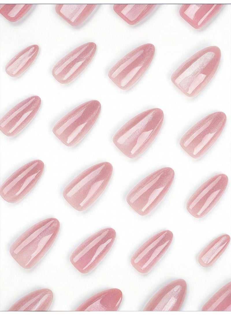 MSQ Pink Gradient Cat Eye Press On Nails, 24 Pcs Almond False Nails, Glossy Stick On Nails and Fake Nails for Women with Jelly Adhesive and Nail File - Image 2