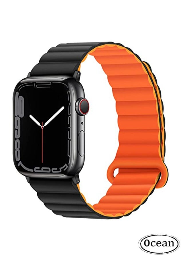 Ocean - Double Side Reversible Magnetic Strap 41mm 40mm 38mm Soft Silicone Loop Strap For iWatch Series Ultra/8/7/SE/6/5/4/3/2/1 Black/Orange - Image 1