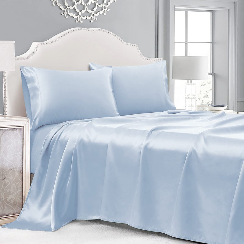 Cobedzy 3 Pieces Light Blue Satin Sheets Twin Size Bed Set  Luxury Silky Satin Bedding Sheets Set with 1 Deep Pocket Fitted Sheet  1 Soft Flat Sheet  1 Pillowcases - Image 1