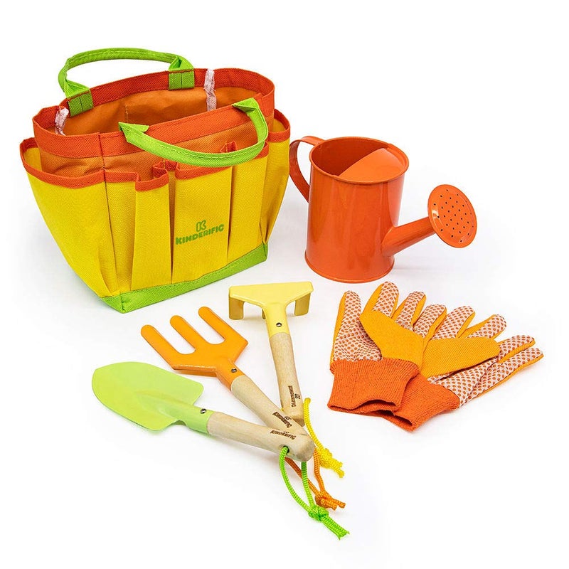 Kinderific Gardening Set, Tool Kit, for Kids, STEM, Includes Tote Bag, Spade, Watering Can, Rake, Fork, Trowel and Gloves (Sunshine) - Image 2