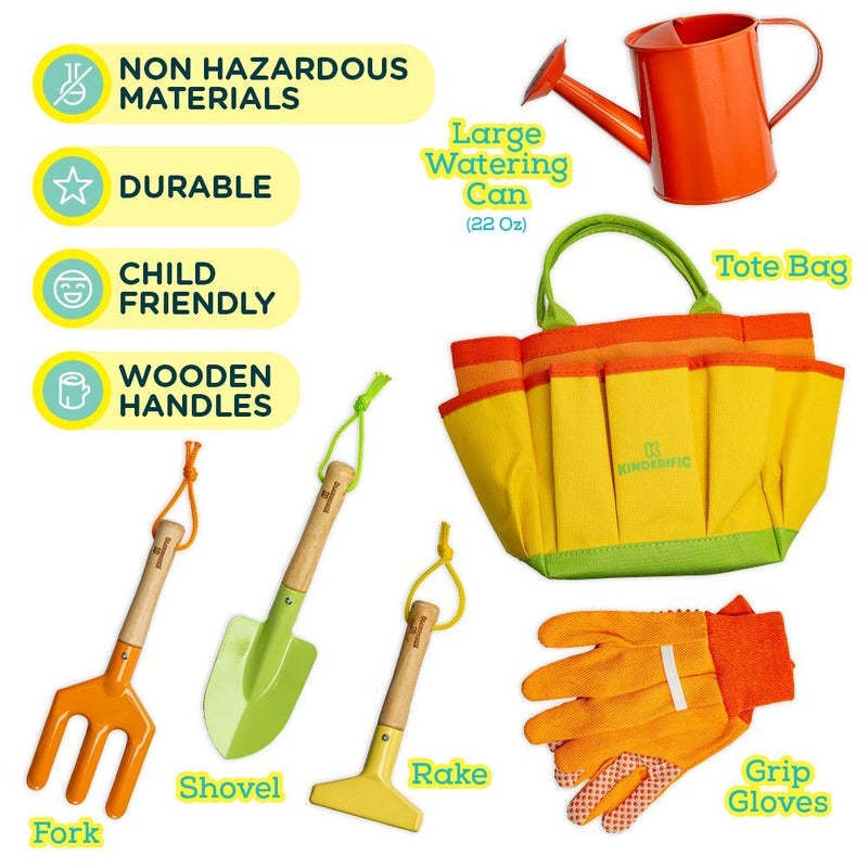 Kinderific Gardening Set, Tool Kit, for Kids, STEM, Includes Tote Bag, Spade, Watering Can, Rake, Fork, Trowel and Gloves (Sunshine) - Image 4