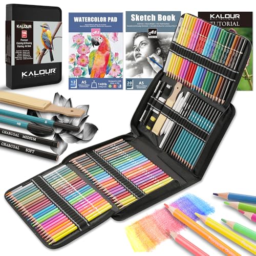 KALOUR 106 Coloring Sketching Kit Set - Art Supplies with Sketchbook & Watercolor Paper - Include Drawing Tutorial, Watercolor,Colored,Metallic,Fluorescent,Sketch Pencils - for Artists beginner - Image 1