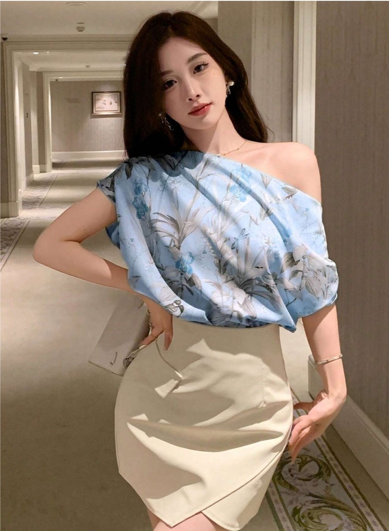 Dazy TrendsDAZY Women's Oblique-Shoulder Loose Floral Printed Shirt ,New Year Eve Summer Vacation Outfits Women Easter Boho - Image 4