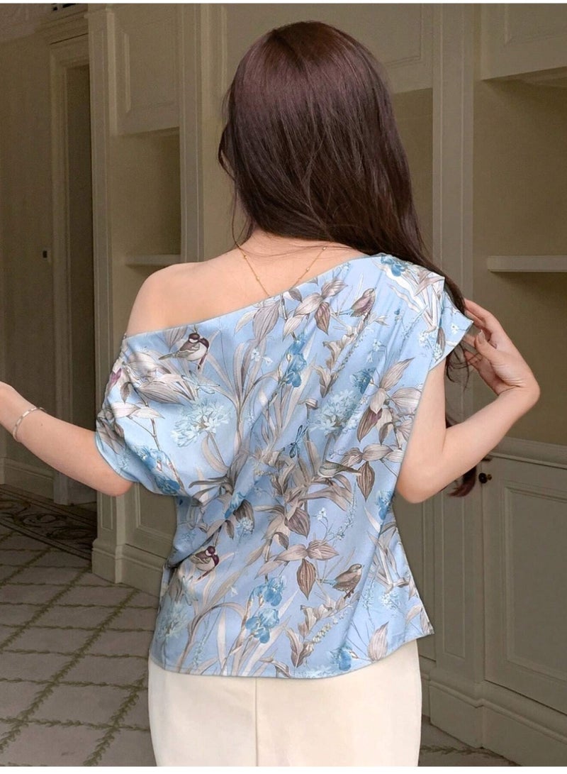Dazy TrendsDAZY Women's Oblique-Shoulder Loose Floral Printed Shirt ,New Year Eve Summer Vacation Outfits Women Easter Boho - Image 3