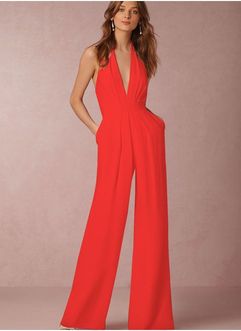 V-neck Jumpsuits Red