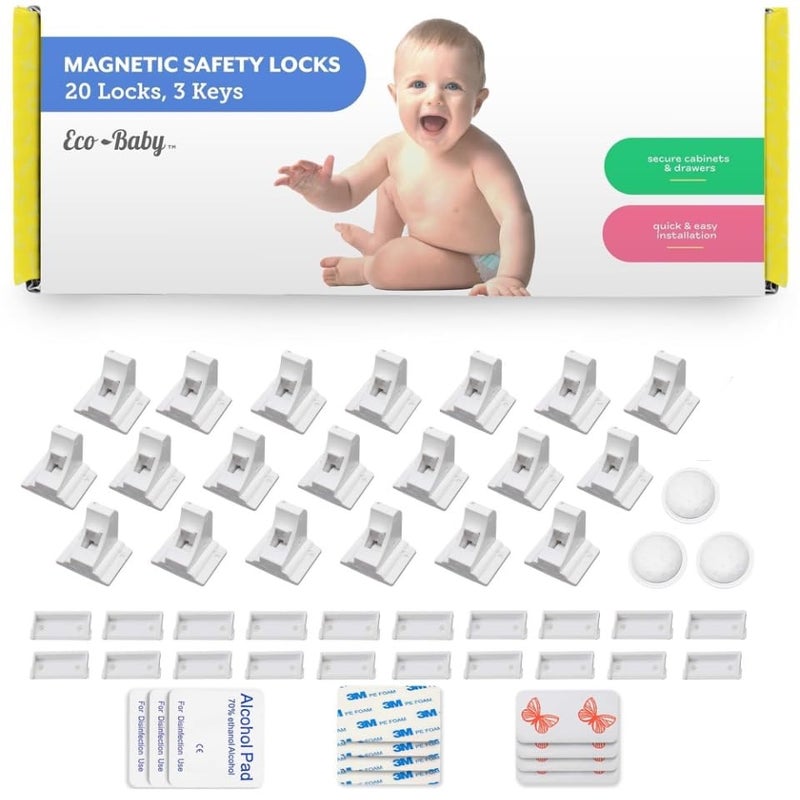 Eco-Baby Magnetic Cabinet Locks for Babies - Keyless, White, 20 Pack and 3 Keys - Image 1