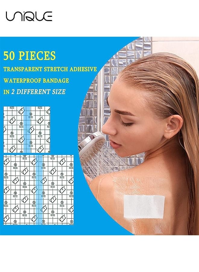 Unique - 50 Pieces Shower Waterproof Patch Transparent Stretch Adhesive Bandage Waterproof Clear Adhesive Bandages Tattoo Protective Transparent Film Adhesive Bandages for Tattoos (4 x 4 Inch, 6 x 6 Inch) - Image 1