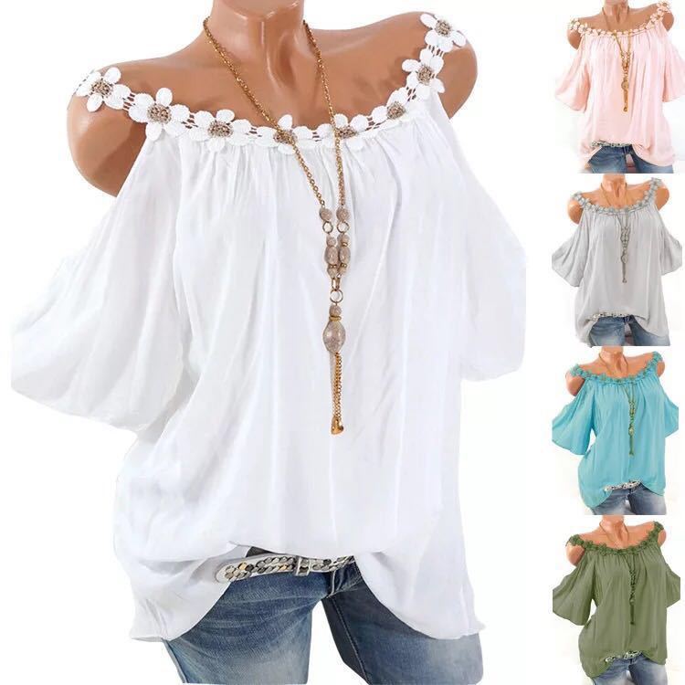 Cross-border European and American women's clothing 2020 summer lace round neck strapless solid color t-shirt women sky blue L - Image 2
