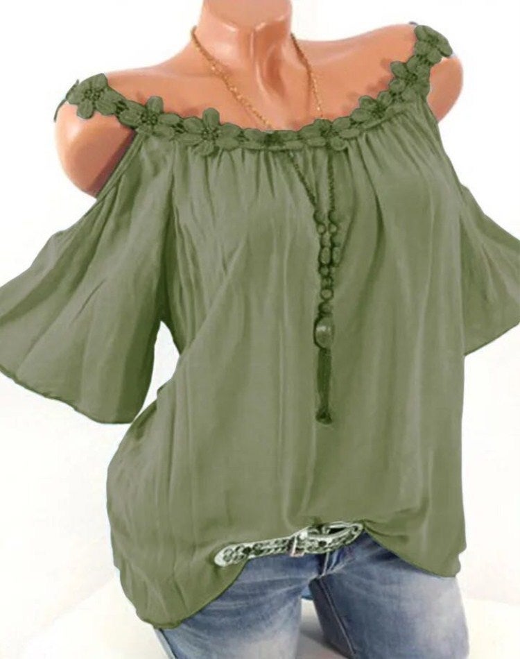 Cross-border European and American women's clothing 2020 summer lace round neck strapless solid color t-shirt women sky blue L - Image 5