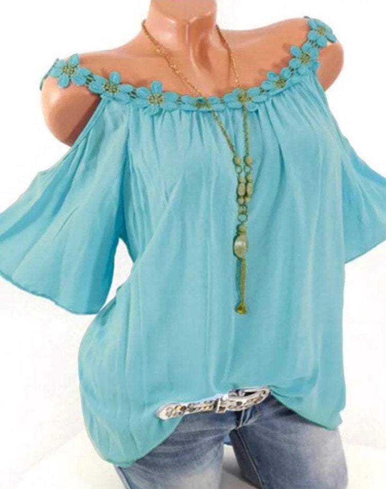 Cross-border European and American women's clothing 2020 summer lace round neck strapless solid color t-shirt women sky blue L - Image 1