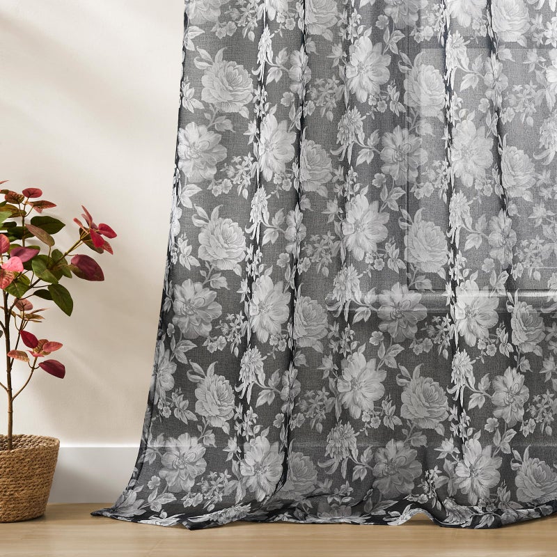 FOLKSIDE Black Floral Sheer Curtains 84 Inches Long 2 Panels for Bedroom Vintage Neutral Rod Pocket Light Filtering Dark Sheer Floral Curtains for Living Room Decor Classic Rustic Cottage Window Drapes, 52x84 - Image 5