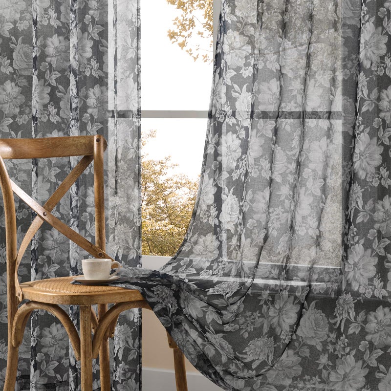 FOLKSIDE Black Floral Sheer Curtains 84 Inches Long 2 Panels for Bedroom Vintage Neutral Rod Pocket Light Filtering Dark Sheer Floral Curtains for Living Room Decor Classic Rustic Cottage Window Drapes, 52x84 - Image 4