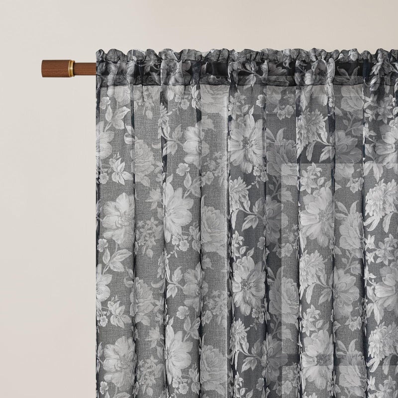 FOLKSIDE Black Floral Sheer Curtains 84 Inches Long 2 Panels for Bedroom Vintage Neutral Rod Pocket Light Filtering Dark Sheer Floral Curtains for Living Room Decor Classic Rustic Cottage Window Drapes, 52x84 - Image 3