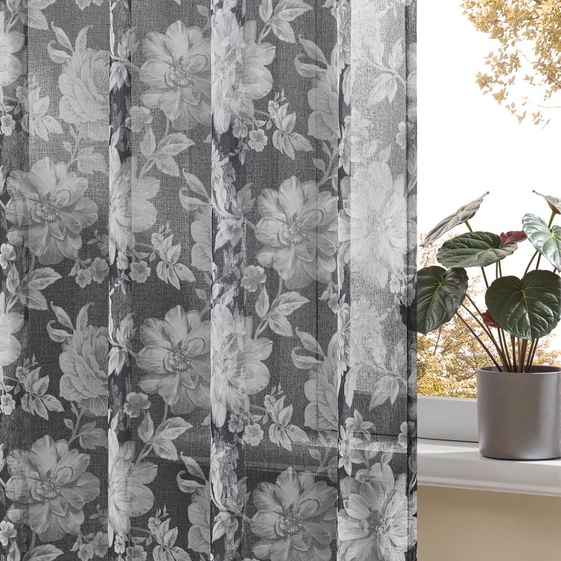 FOLKSIDE Black Floral Sheer Curtains 84 Inches Long 2 Panels for Bedroom Vintage Neutral Rod Pocket Light Filtering Dark Sheer Floral Curtains for Living Room Decor Classic Rustic Cottage Window Drapes, 52x84 - Image 1