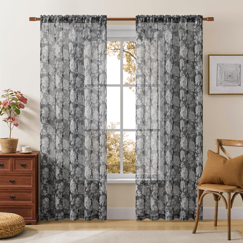 FOLKSIDE Black Floral Sheer Curtains 84 Inches Long 2 Panels for Bedroom Vintage Neutral Rod Pocket Light Filtering Dark Sheer Floral Curtains for Living Room Decor Classic Rustic Cottage Window Drapes, 52x84 - Image 2