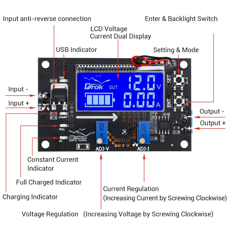 DROK DC Buck Converter Adjustable Voltage Regulator 12V 6V-32V to 1.5-32V 5A, LCD Screen Step Down Converter with USB Port and Protective Case - Image 2