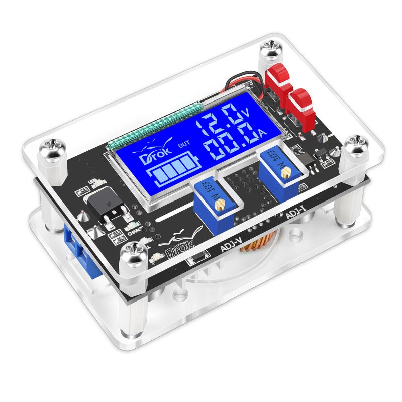 DROK DC Buck Converter Adjustable Voltage Regulator 12V 6V-32V to 1.5-32V 5A, LCD Screen Step Down Converter with USB Port and Protective Case - Image 1