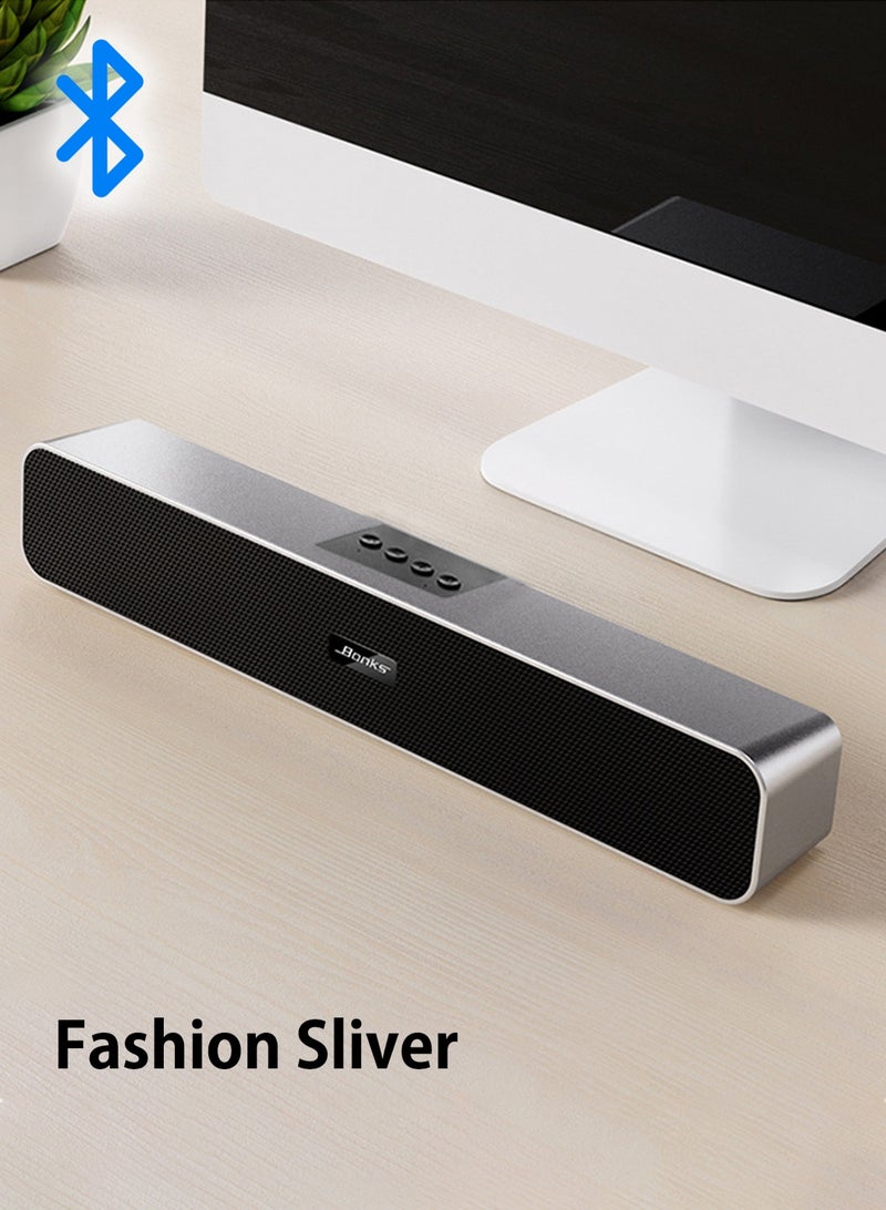 BONKS 38cm Slim Bluetooth Soundbar, 6W Dual Driver Stereo Desktop Speaker with Dual Bass Diaphragm, USB Powered Wired AUX/TF Card Audio, Metal Mesh Mini Sound Bar for PC Laptop TV Office Gaming Ramadan Eid Gift - Image 1