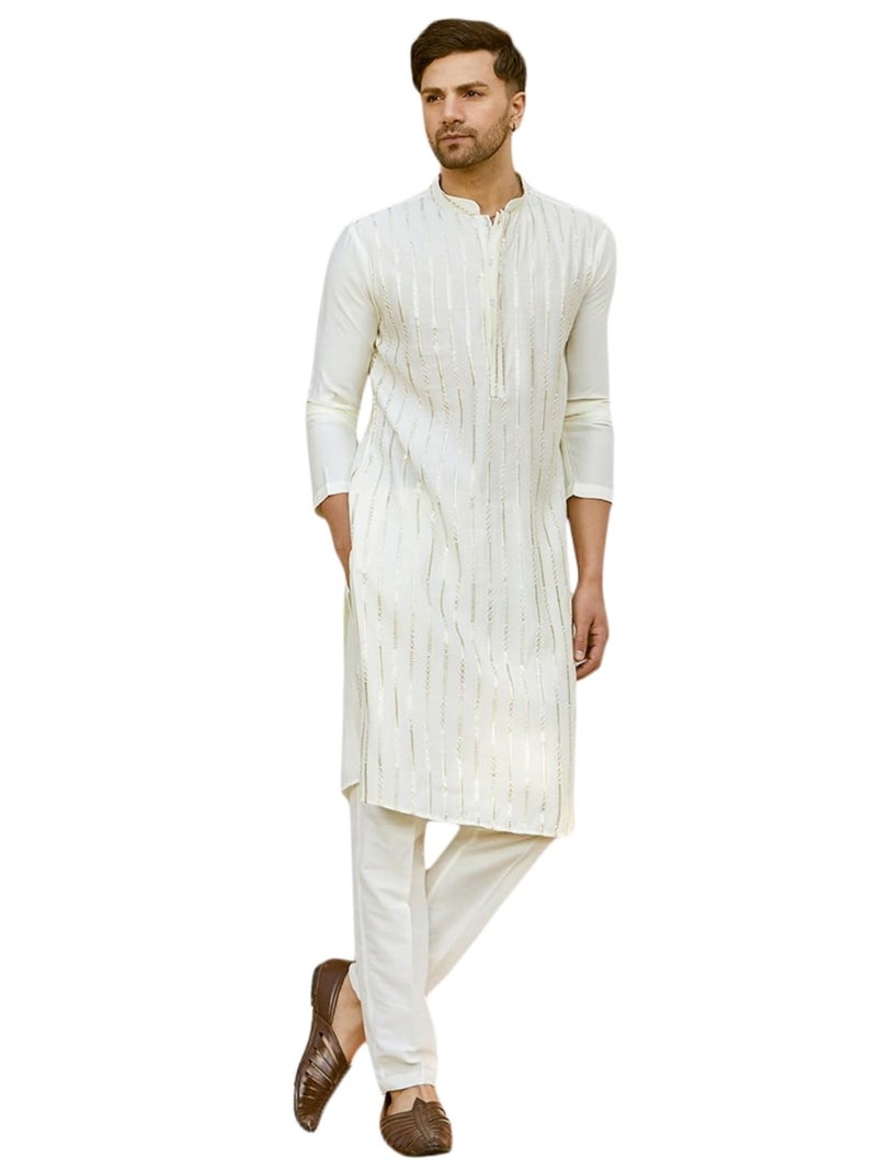 See Designs Men Full Sleeve Off White And Gold Chanderi Silk Sequins Mandarin Collar Side Slit Kurta With Pyjama - SDKT242206S - Image 1