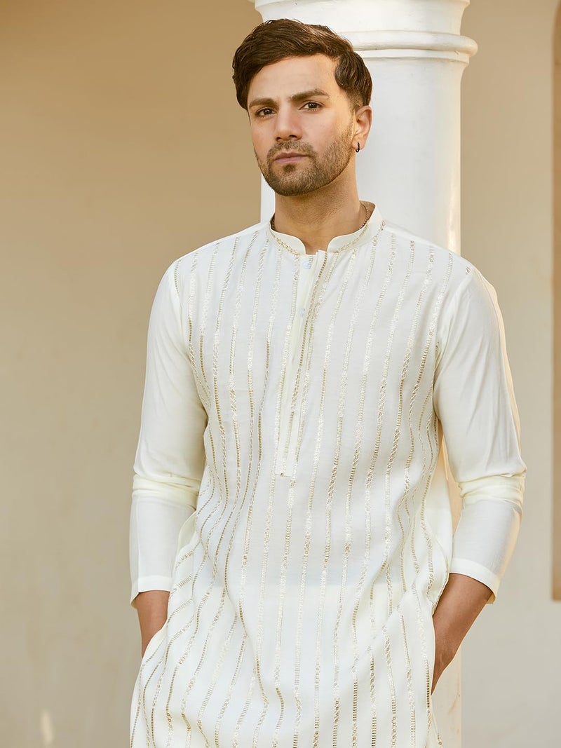See Designs Men Full Sleeve Off White And Gold Chanderi Silk Sequins Mandarin Collar Side Slit Kurta With Pyjama - SDKT242206S - Image 3