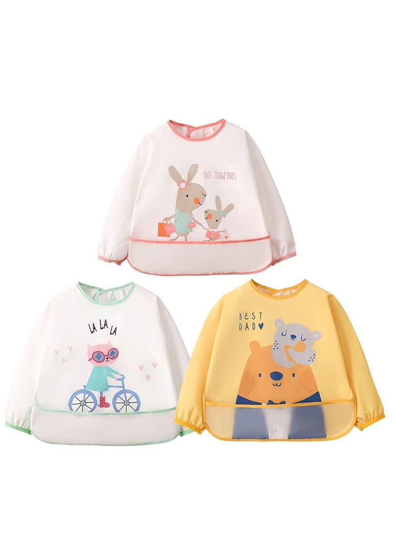 Y&D Long Sleeves Baby Bibs, 3 Pcs Waterproof Smock Apron Set Food Catcher Pocket Soft Machine Washable Stain Odor Resistant for 6 24 Months Kids - Image 1