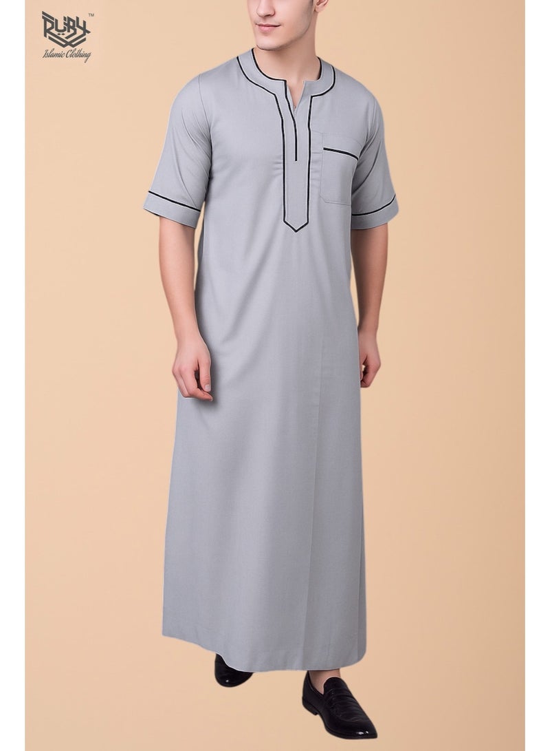روبي للملابس الإسلامية ثوب رجالي بأكمام قصيرة وعنق مستدير تقليدي جلابية | روب رجالي | جبّة | كندورة | رمادي فاتح - Image 1