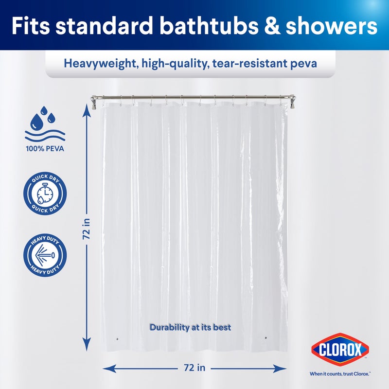 Clorox Shower Curtain Liner, Premium Heavyweight Durable Waterproof 8g PEVA for Bathroom with Weighted Magnets, Standard Size 72" x 72", Clear 1 Pack - Image 2