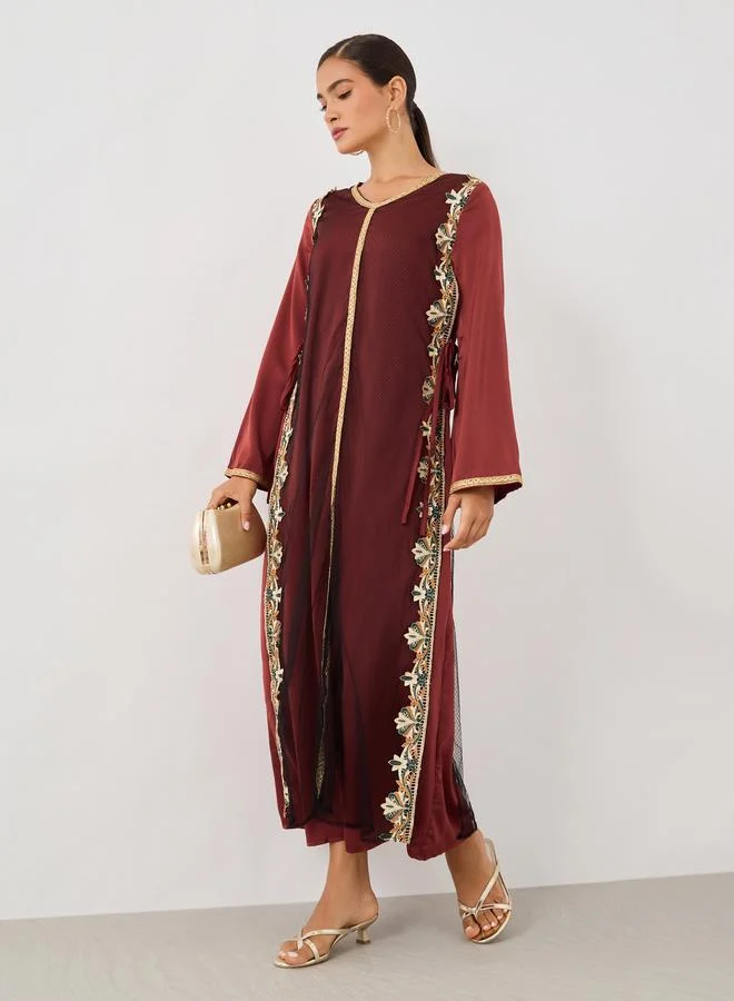 تايك تو Take Two Lace Trim Long Sleeve A-Line Jalabiya