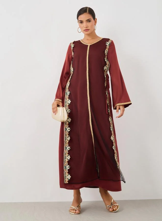 تايك تو Take Two Lace Trim Long Sleeve A-Line Jalabiya