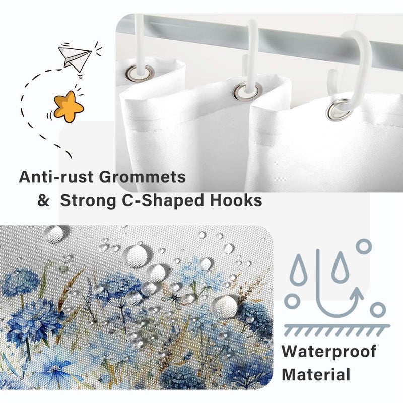 Ruelvth Stall Shower Curtain  Blue Hydrangea Floral Small Shower Curtain Set with Hooks Waterproof Fabric Aesthetic RV Bathroom Curtain  36x72 Inch - Image 2