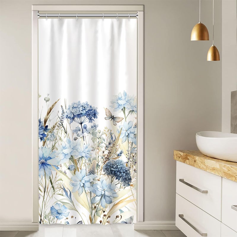 Ruelvth Stall Shower Curtain  Blue Hydrangea Floral Small Shower Curtain Set with Hooks Waterproof Fabric Aesthetic RV Bathroom Curtain  36x72 Inch - Image 1
