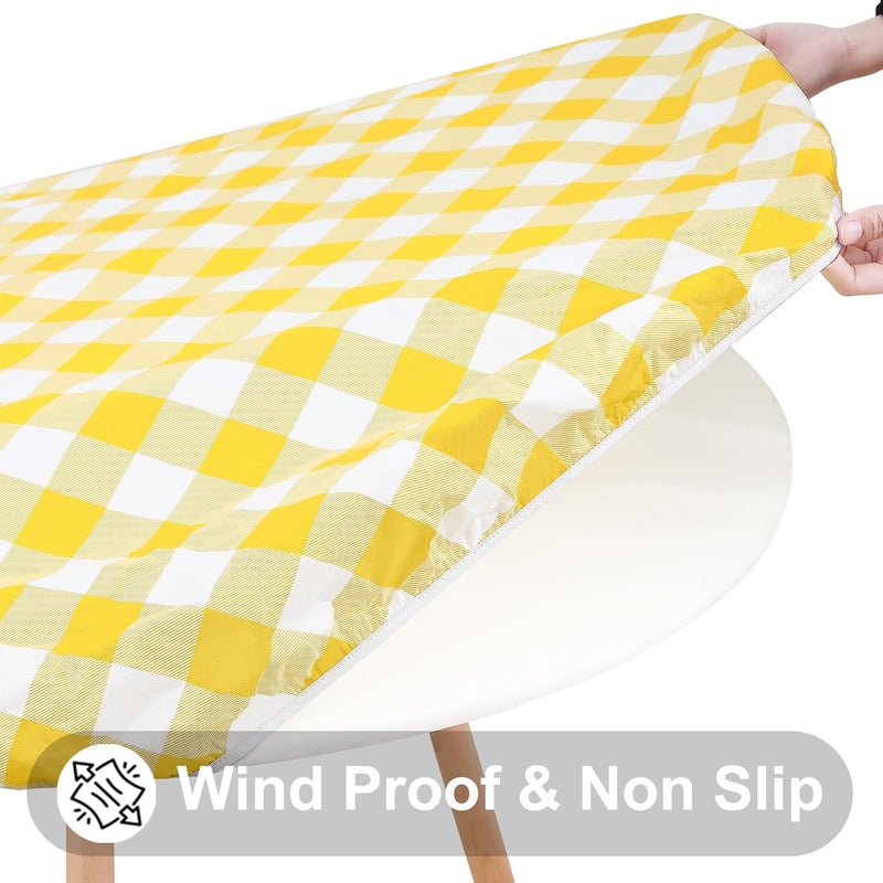 smiry Round Picnic Tablecloth, Elastic Waterproof Fitted Vinyl Tablecloths for 36"-44" Tables, Flannel Backed Buffalo Plaid Table Cover for Dining, Camping, Outdoor, White and Yellow - Image 2