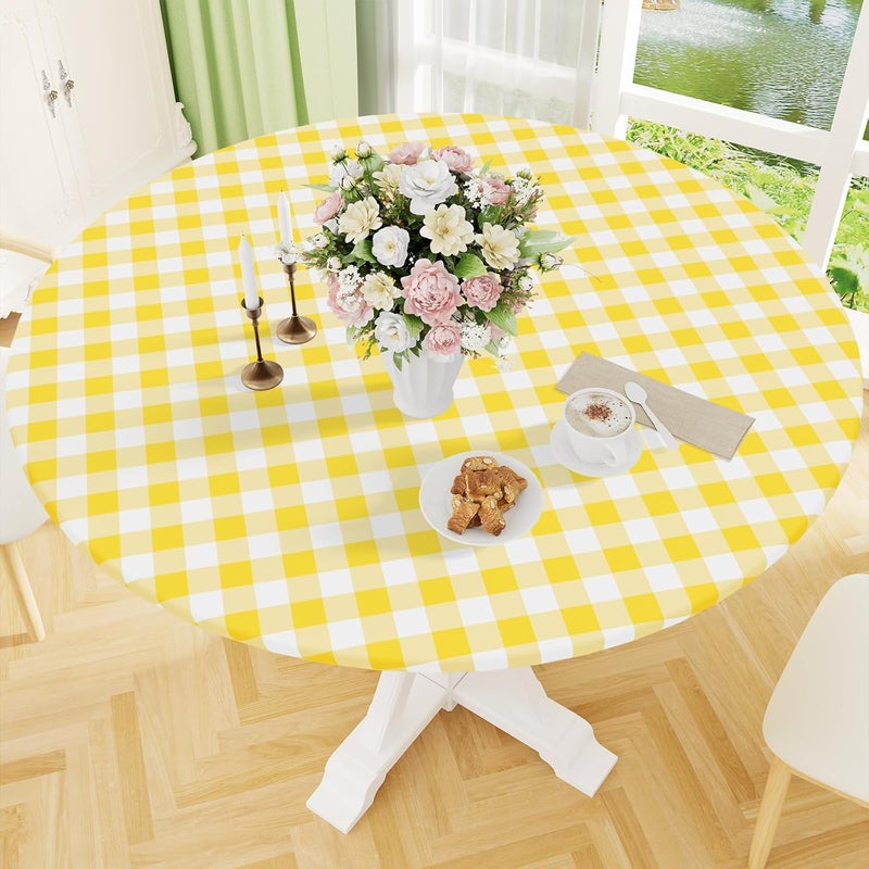 smiry Round Picnic Tablecloth, Elastic Waterproof Fitted Vinyl Tablecloths for 36"-44" Tables, Flannel Backed Buffalo Plaid Table Cover for Dining, Camping, Outdoor, White and Yellow - Image 1