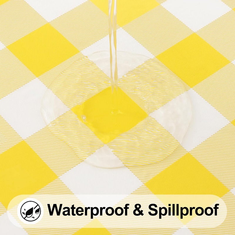 smiry Round Picnic Tablecloth, Elastic Waterproof Fitted Vinyl Tablecloths for 36"-44" Tables, Flannel Backed Buffalo Plaid Table Cover for Dining, Camping, Outdoor, White and Yellow - Image 3