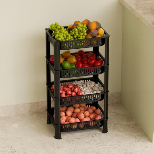 Entisia Multi Layer Storage Rack Stand - Multi Purpose Vegetable Storage Rack, Plastic Space Saving Basket Organizer for Office, Bedroom, Kitchen, Living Room (Black, 4 layer) - Image 2
