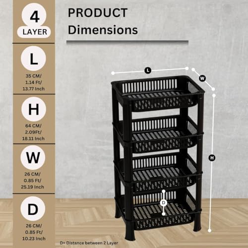 Entisia Multi Layer Storage Rack Stand - Multi Purpose Vegetable Storage Rack, Plastic Space Saving Basket Organizer for Office, Bedroom, Kitchen, Living Room (Black, 4 layer) - Image 3