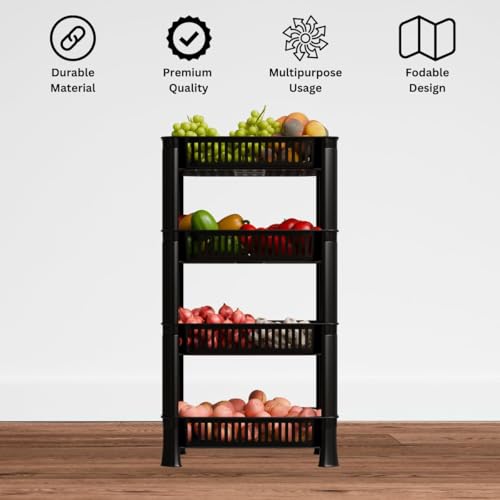 Entisia Multi Layer Storage Rack Stand - Multi Purpose Vegetable Storage Rack, Plastic Space Saving Basket Organizer for Office, Bedroom, Kitchen, Living Room (Black, 4 layer) - Image 4