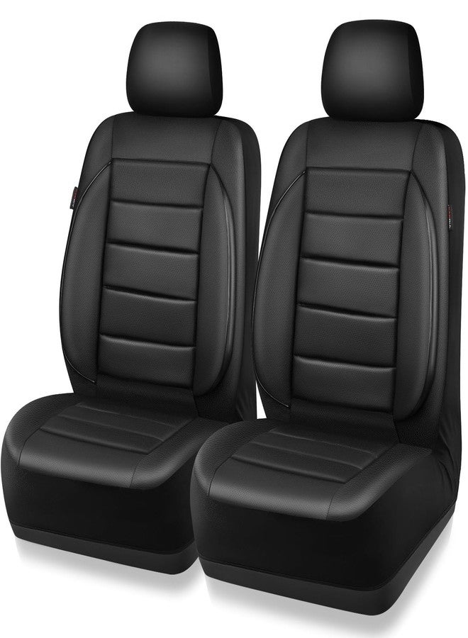 CAR PASS Leather Car Seat Covers Front Seats Only, 3D Foam Support Car Seat Covers, Universal fit for Trucks Vans SUVs Sedans Automotive Comfortable, Airbag Compatible 2 Pieces Front Solid Black