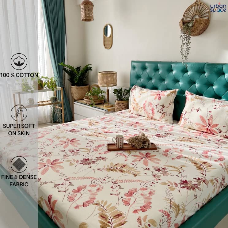 Urban Space مفرش سرير كينج بحجم 200 TC 100% قطن من أوربان سبيس مع 2 غطاء وسادة (حجم 108 × 108 بوصة، زهور الخوخ) - Image 2