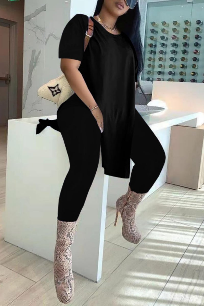HBQ Womens 2 Piece Outfits Tracksuits Short Sleeve Tunic Tops Bodycon High Waist Leggings Pants,Black,Small - Image 2