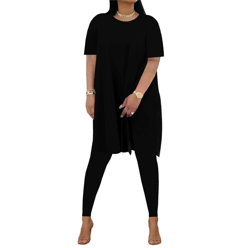 HBQ Womens 2 Piece Outfits Tracksuits Short Sleeve Tunic Tops Bodycon High Waist Leggings Pants,Black,Small - Image 1