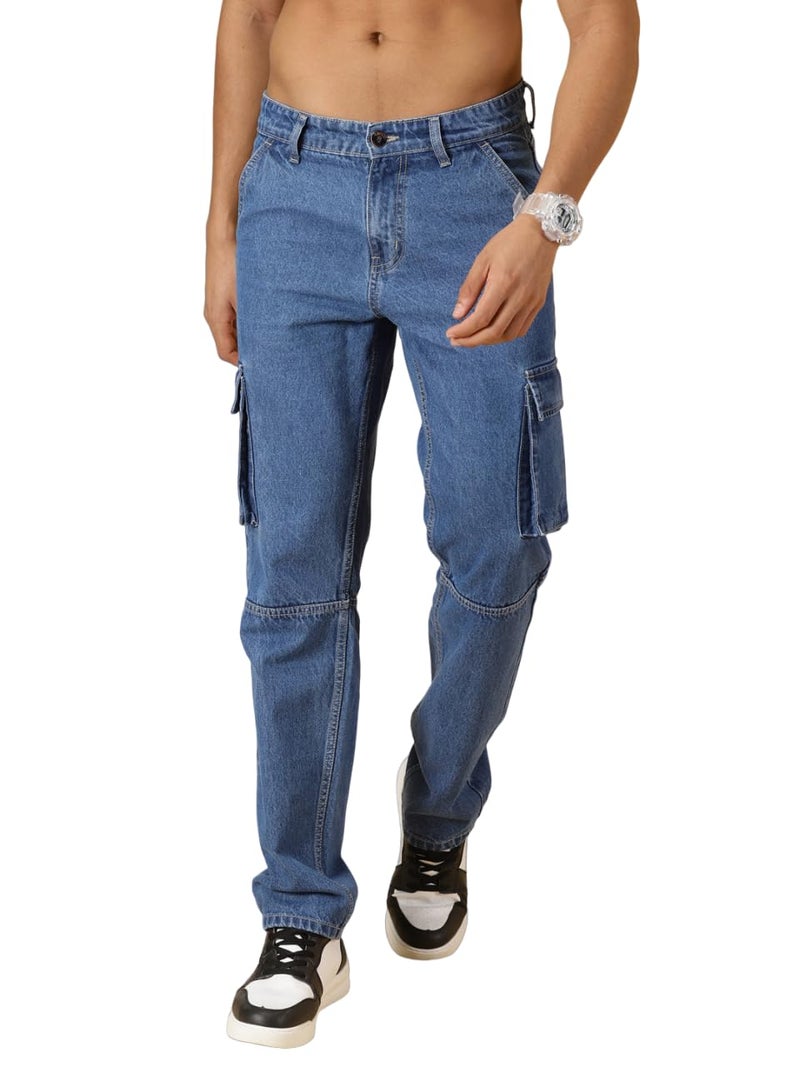 Thomas Scott Men's Relaxed Fit Cargo Jeans (TSJ085-MidBlue, 28) - Image 1