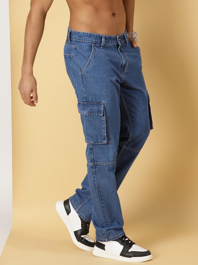 Thomas Scott Men's Relaxed Fit Cargo Jeans (TSJ085-MidBlue, 28) - Image 2