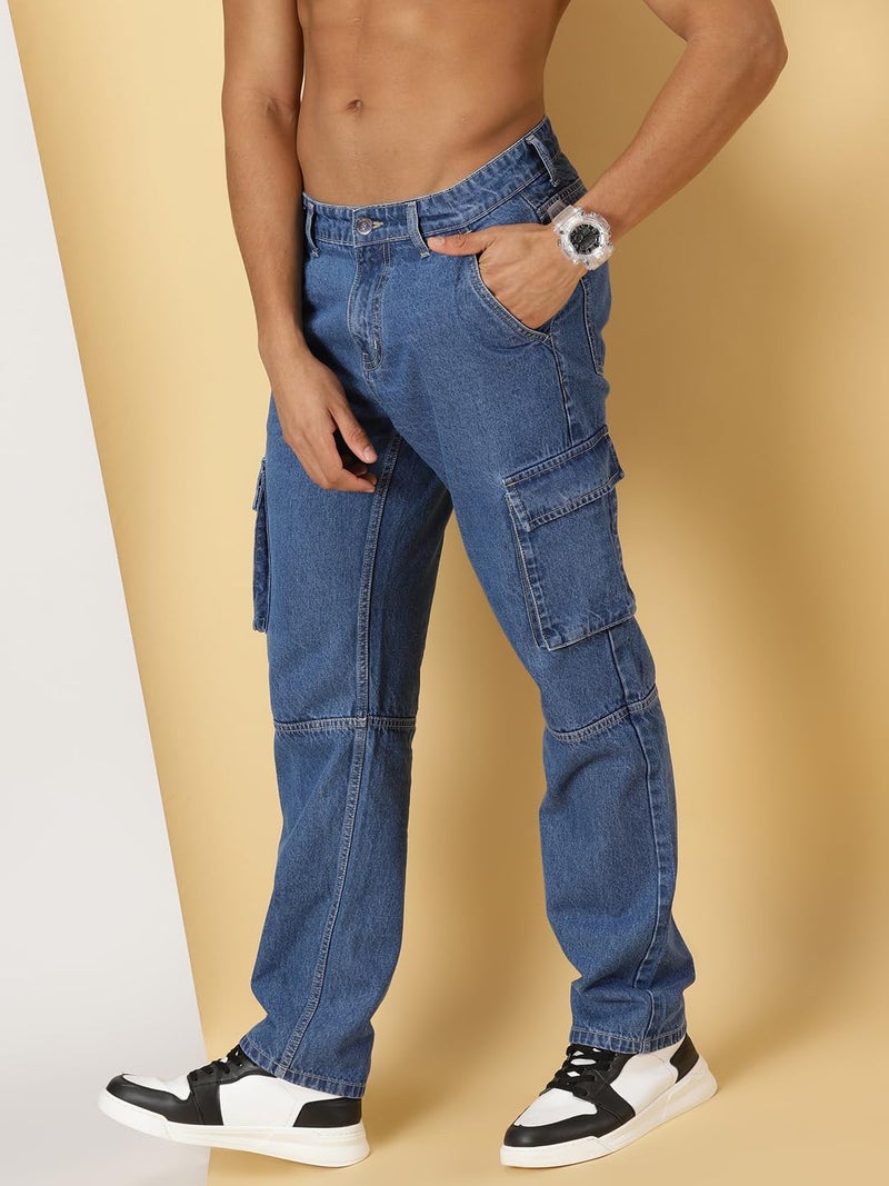 Thomas Scott Men's Relaxed Fit Cargo Jeans (TSJ085-MidBlue, 28) - Image 3