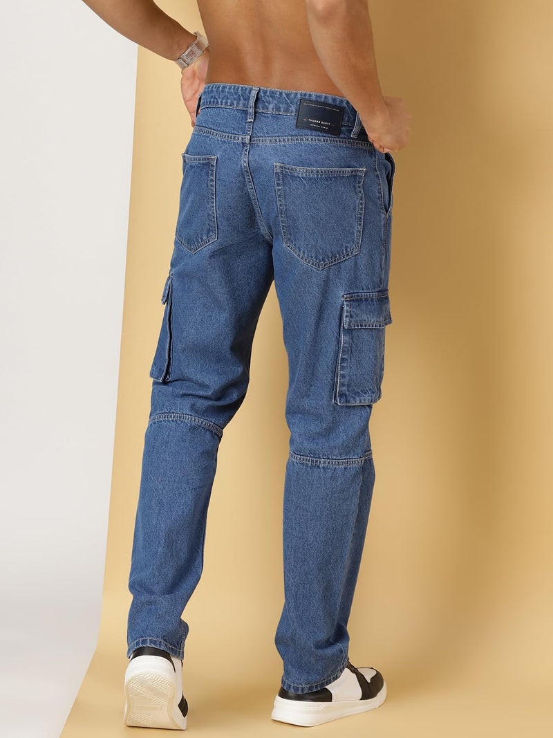 Thomas Scott Men's Relaxed Fit Cargo Jeans (TSJ085-MidBlue, 28) - Image 4