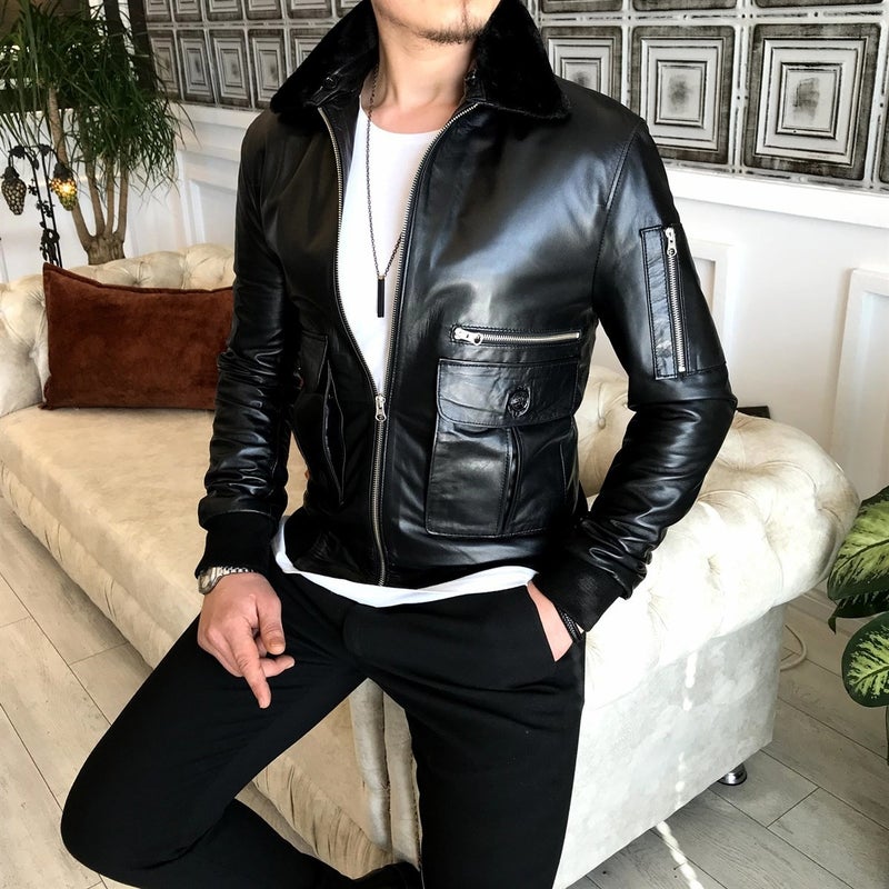 Terzi Adem Tailor Adem Lambskin Fur Collar Coat Leather Jacket Black T5059  - Image 1