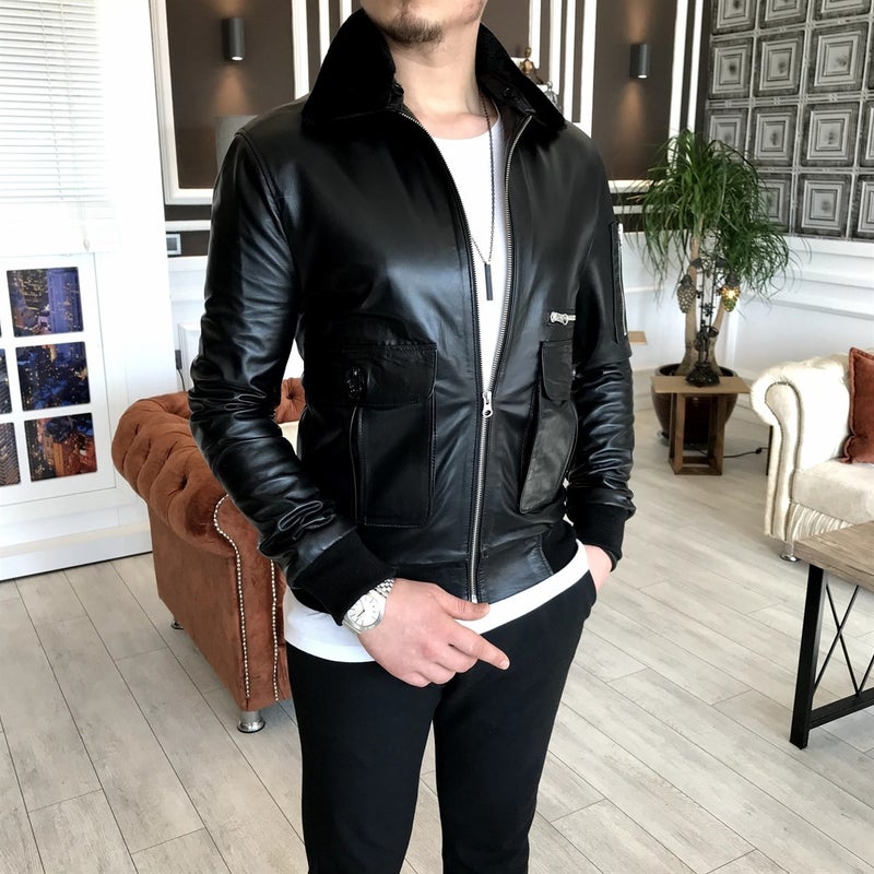 Terzi Adem Tailor Adem Lambskin Fur Collar Coat Leather Jacket Black T5059  - Image 3