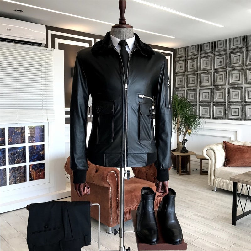 Terzi Adem Tailor Adem Lambskin Fur Collar Coat Leather Jacket Black T5059  - Image 2
